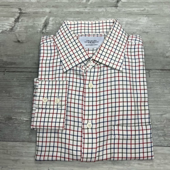 Charles Tyrwhitt Ivory w/ Red, Navy & Green Plaid Wool Shirt 17-35 - Picture 1 of 3